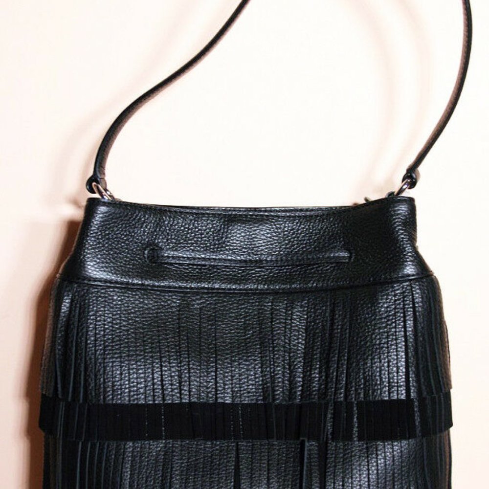 RALPH LAUREN Cobden Black Luxury Leather Fringe Drawstring Shoulder Bucket  $65